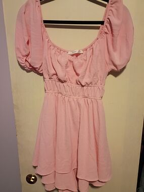 Altar'd State Pink Solid Square Neck Puff Sleeve Smocked Fit & Flare Short L
